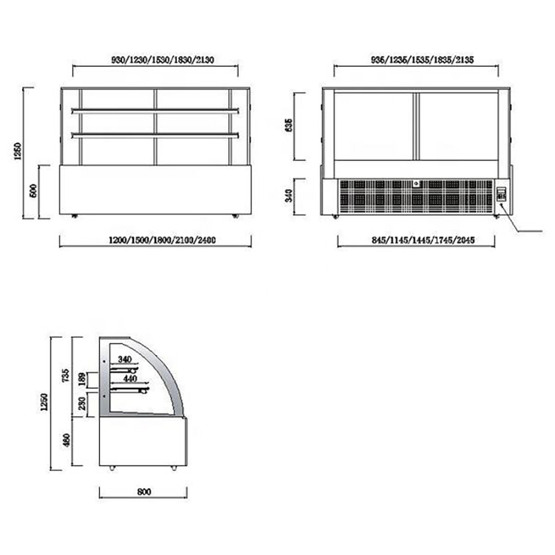 Curved three-tier cake display case
