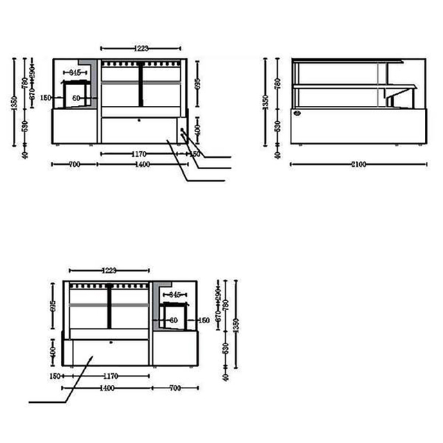 L-shaped cake display case